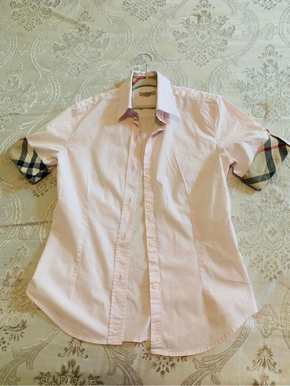 Burberry Light Pink Short-Sleeve Button-Down Shirt with Signature Check Cuffs